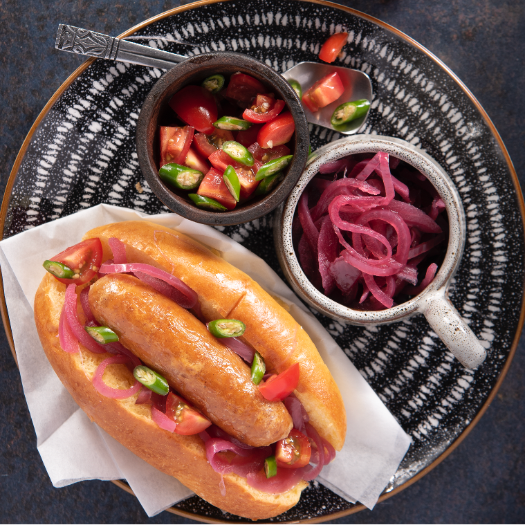 Halal chicken sausage hot dog