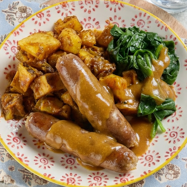 Plate of lamb sausages with vegetables on a floral plate